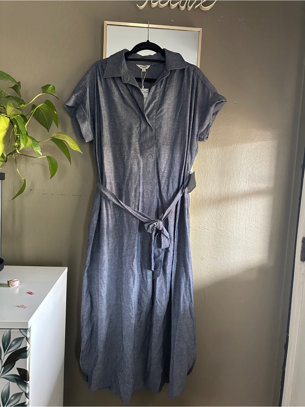 Max Studio Washed Indigo Midi Shirt Dress with Tie Waist